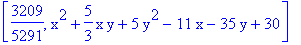 [3209/5291, x^2+5/3*x*y+5*y^2-11*x-35*y+30]